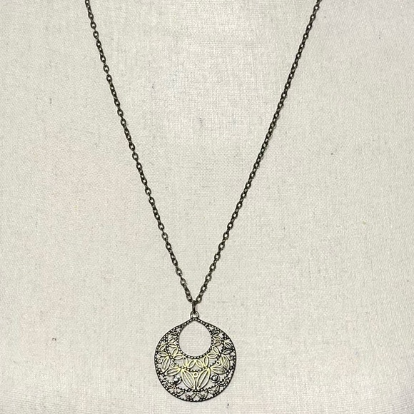 5/$20 Boho Brass filigree necklace, with small crystal detail, gently worn - Picture 3 of 6